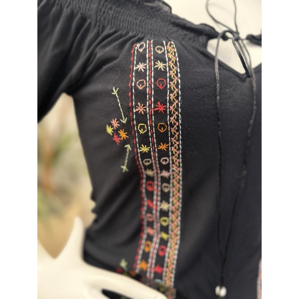 Vintage Havana Top Blouse S On/off Shoulder Embroidered Black Elastic Waist Boho - Picture 3 of 11